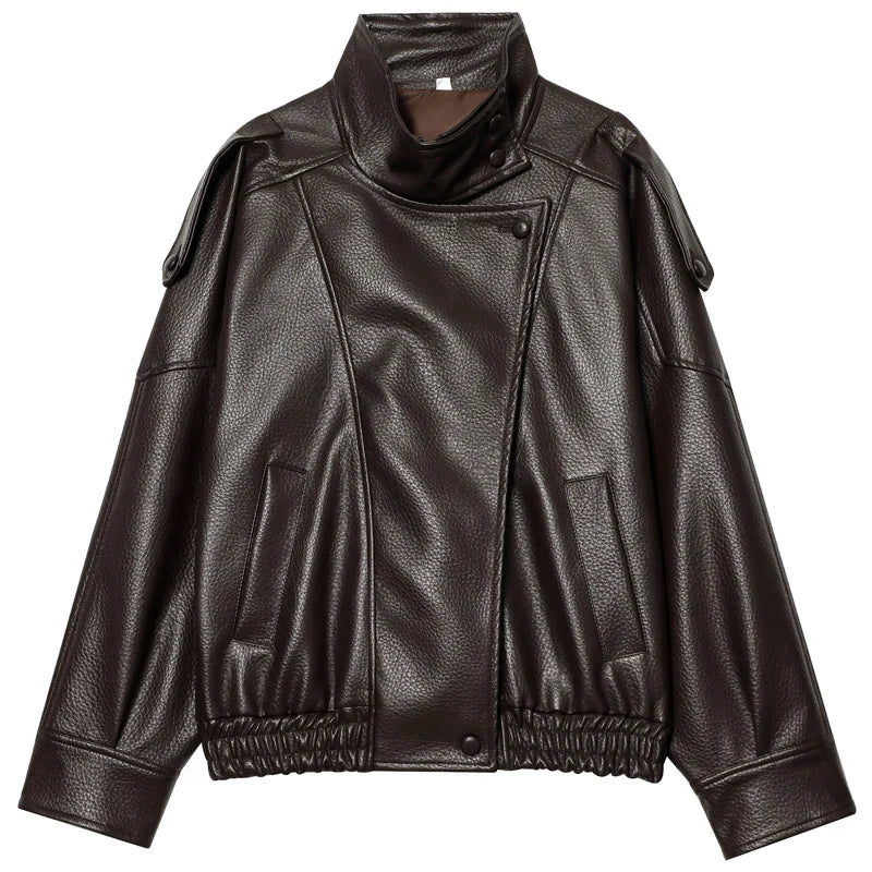 Blouson bomber noir en simili cuir pour femme - vue de face - vue 8