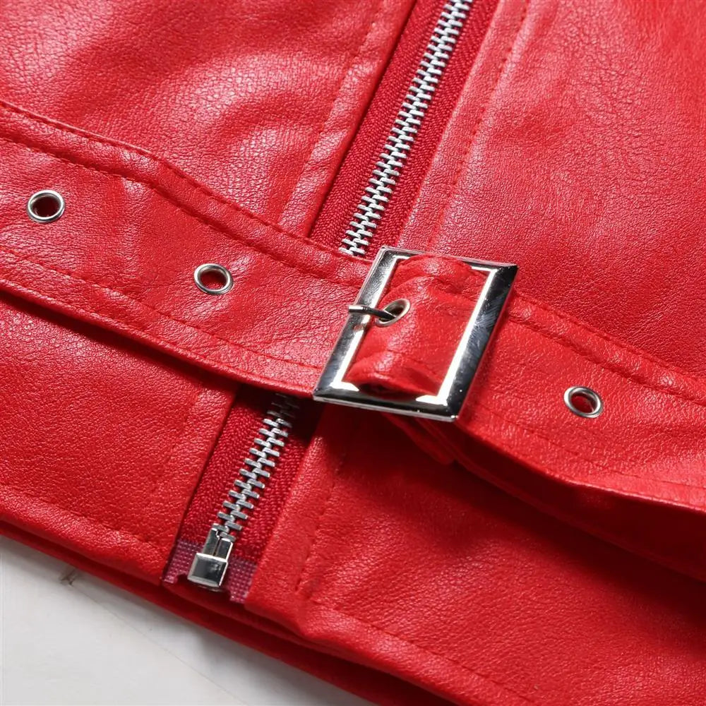 Veste biker homme en simili cuir rouge et noir, vue de face - vue 5