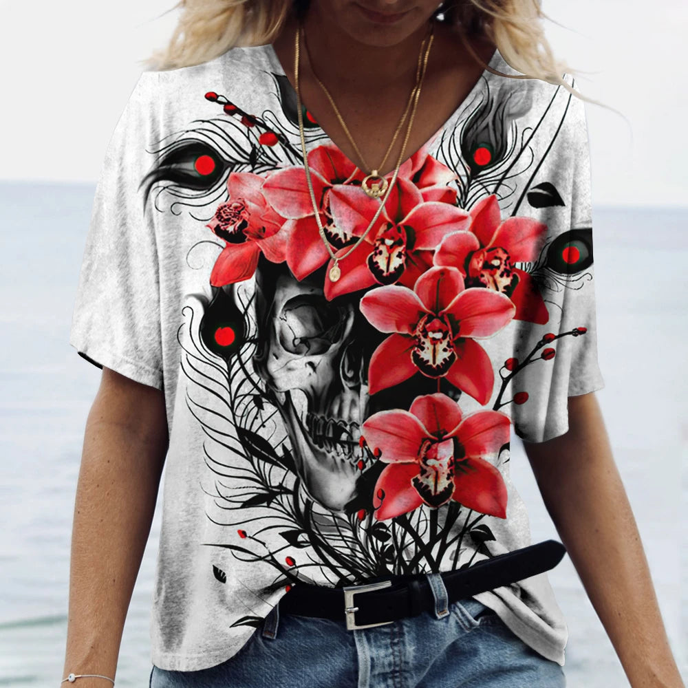 T-shirt femme tête de mort col V manches courtes - vue 22