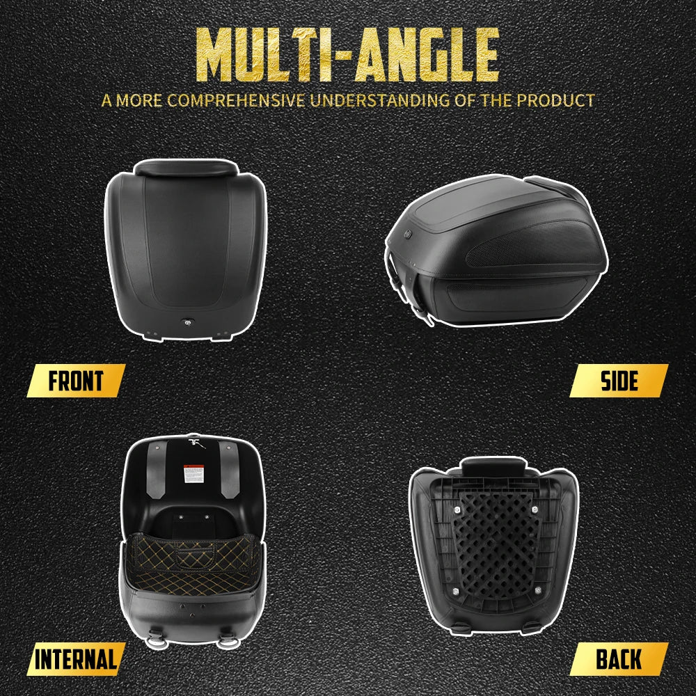 Malle de rangement arrière noire montée sur le porte-bagages d'une moto - vue 2