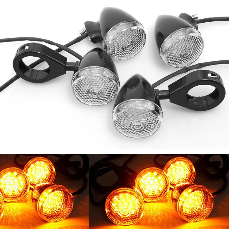 Clignotant LED ambre fixé par collier sur un tube de fourche de moto - vue 3