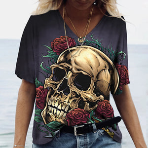 T-shirt femme tête de mort col V manches courtes - vue 18