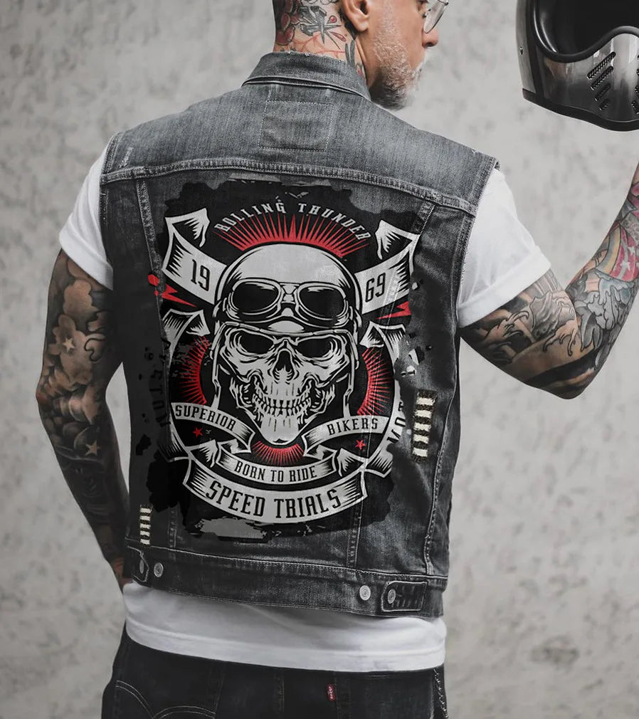 Gilet en jean homme imprimé aigle sans manches, vue de face - vue 10