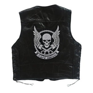 Gilet en cuir noir brodé sans manches, vue de face - vue 2
