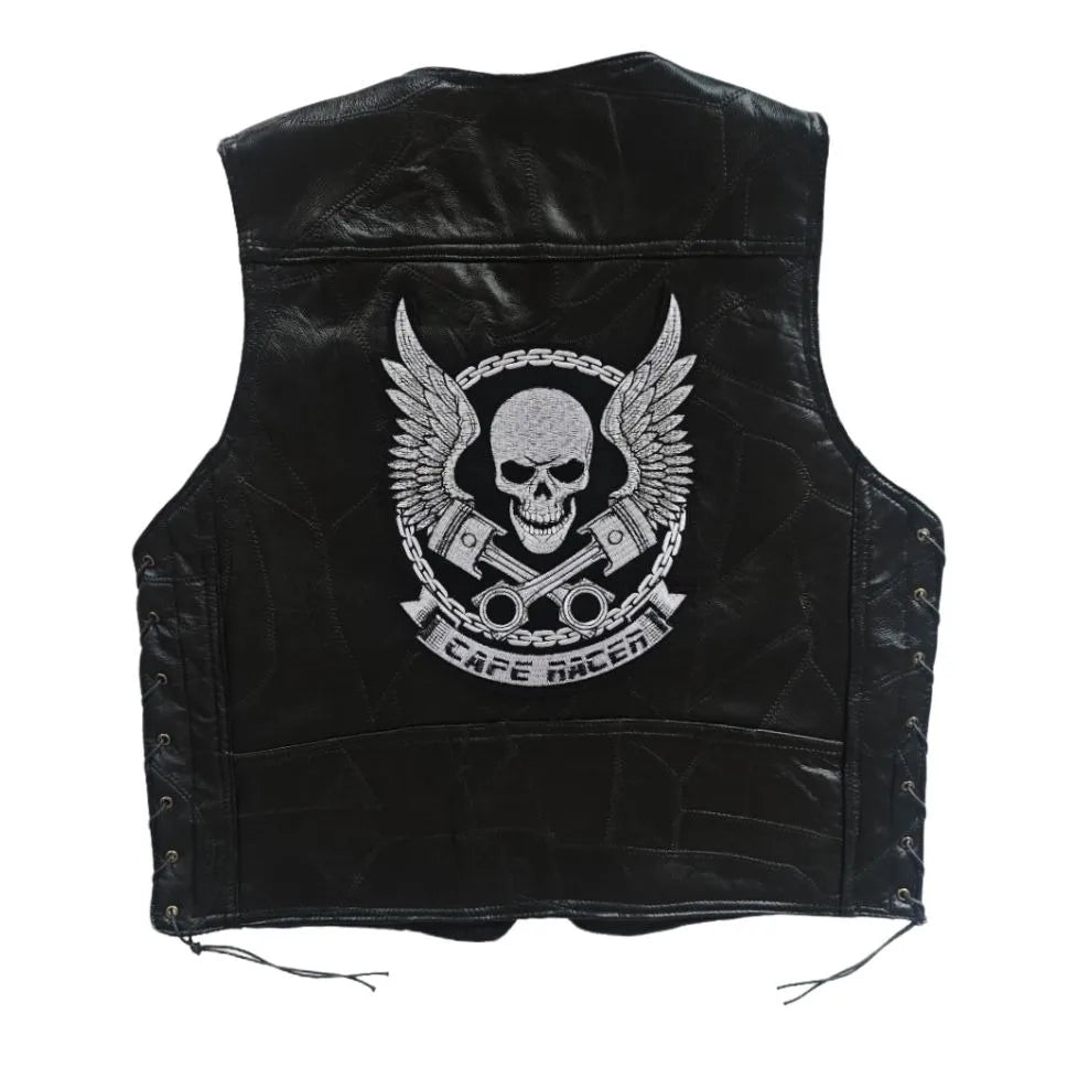 Gilet en cuir noir brodé sans manches, vue de face - vue 2
