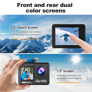 Caméra sportive noire avec écran tactile posée sur un support - vue 5
