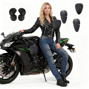Jean moto femme bleu avec protections genoux et hanches - vue 1