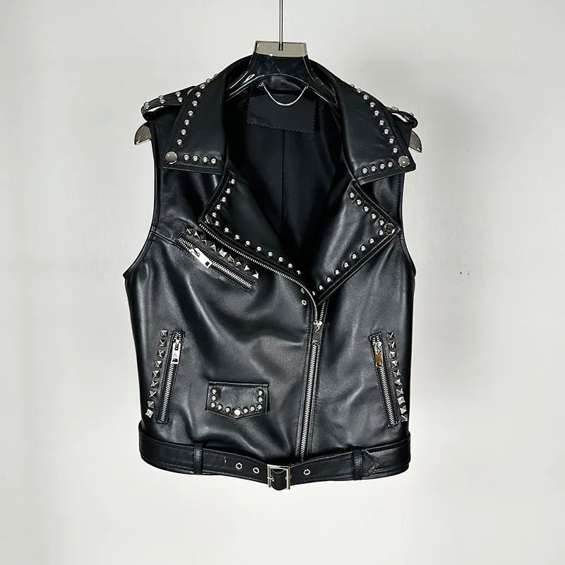 Gilet en cuir noir clouté style motarde - vue 6