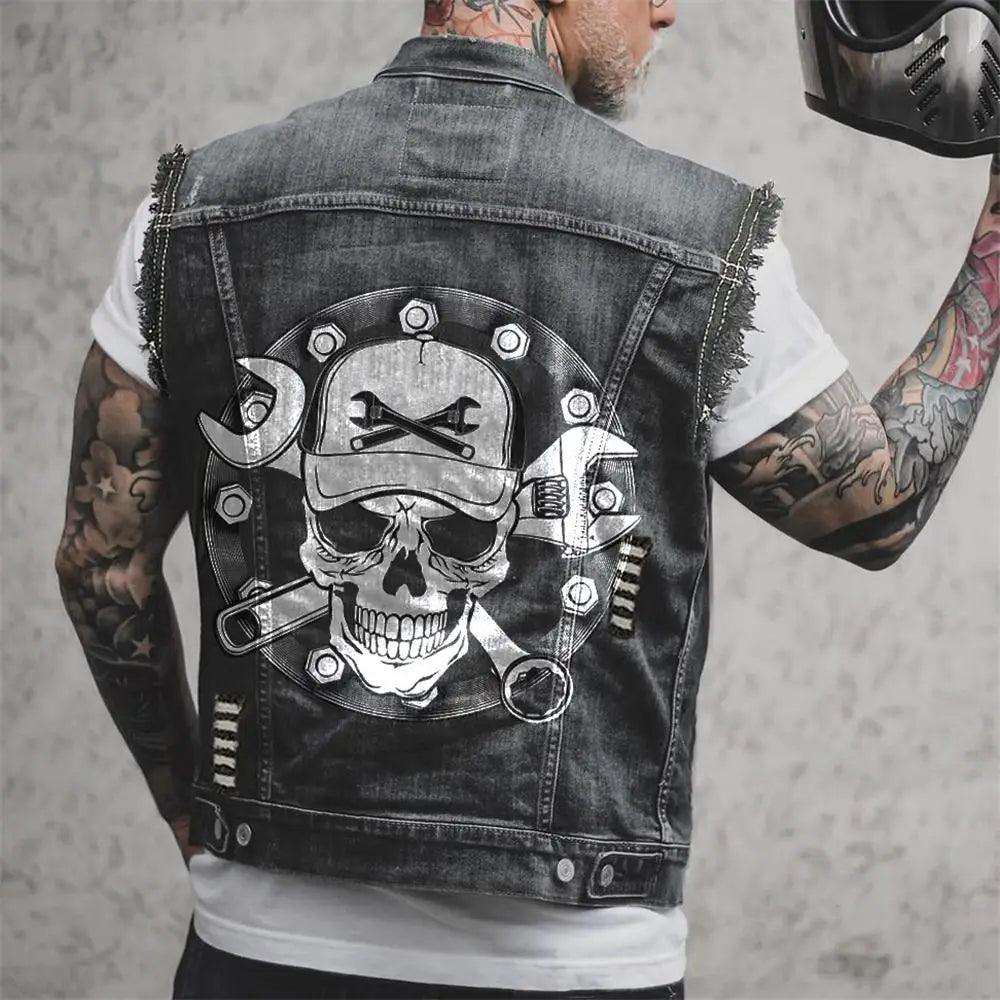 Gilet en jean homme imprimé aigle sans manches, vue de face - vue 16