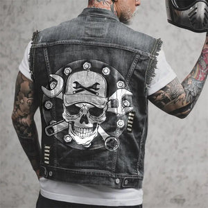 Gilet en jean homme imprimé aigle sans manches, vue de face - vue 16