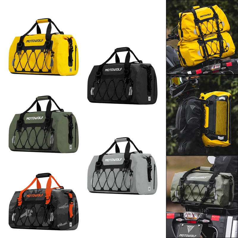 Sac de queue étanche moto noir au format roulé, fixé à l'arrière de la selle - vue 6