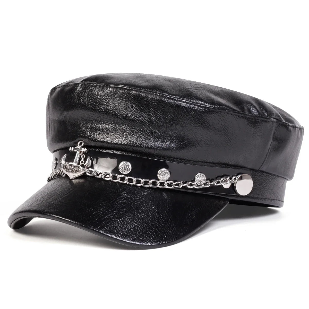 Béret noir en simili cuir boucle ancre - vue de face - vue 1