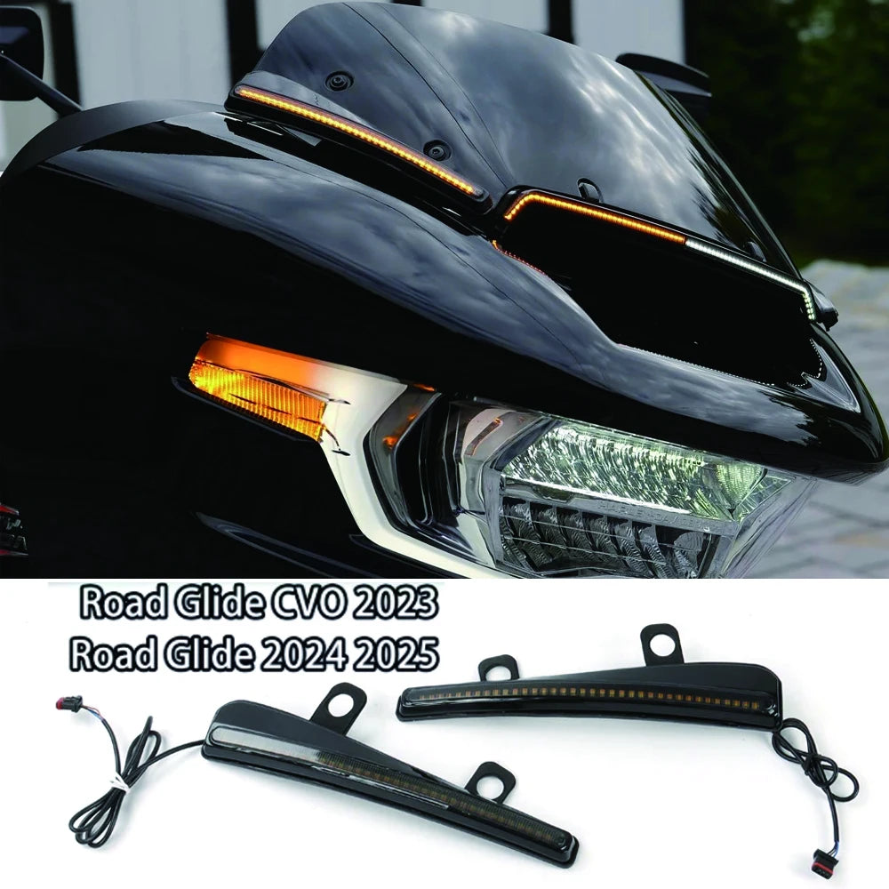 Baguette LED noire fixée le long du pare-brise d'une Harley-Davidson Road Glide - vue 1