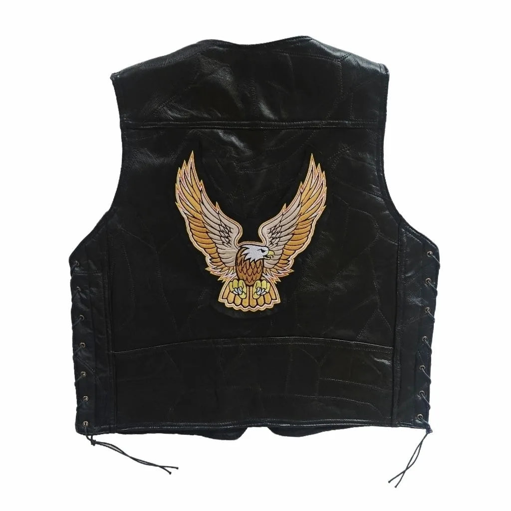 Gilet en cuir noir brodé sans manches, vue de face - vue 7