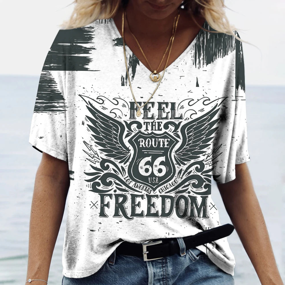 T-shirt Femme Col V Motif Route 66, Manches Courtes Oversize - vue 9