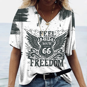 T-shirt Femme Col V Motif Route 66, Manches Courtes Oversize - vue 9