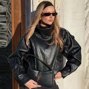 Blouson bomber noir en simili cuir pour femme - vue de face - vue 4