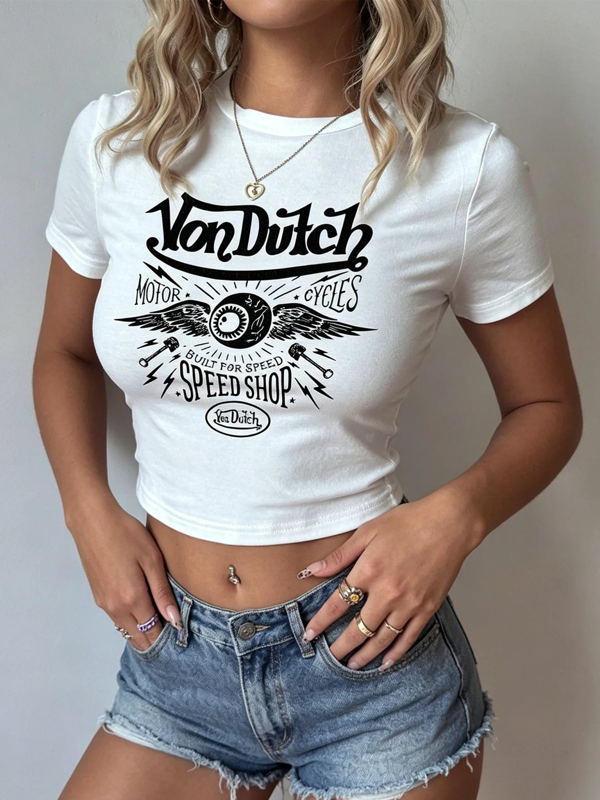Top femme manches courtes imprimé, style motard rétro - vue 1