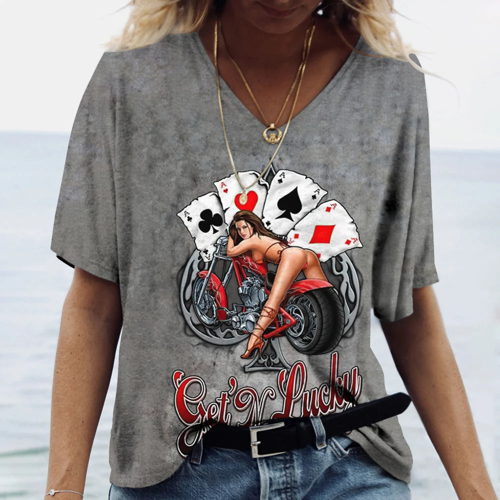 T-shirt Femme Col V Motif Route 66, Manches Courtes Oversize - vue 18