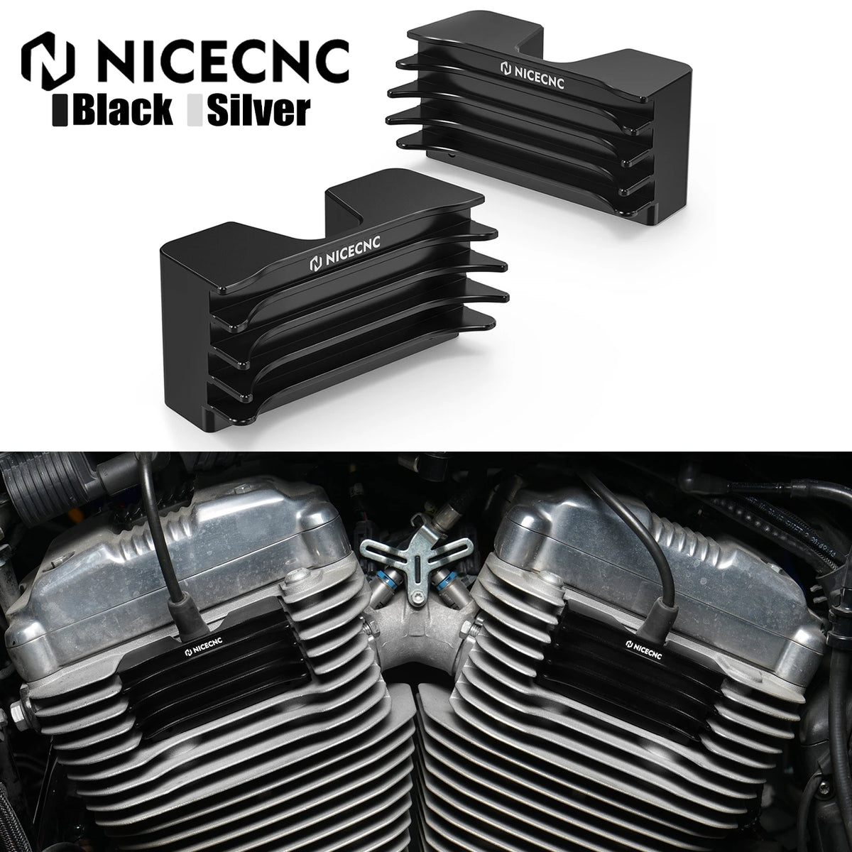 Paire de caches ailetés noirs pour vis de culasse sur Harley Sportster - vue 1