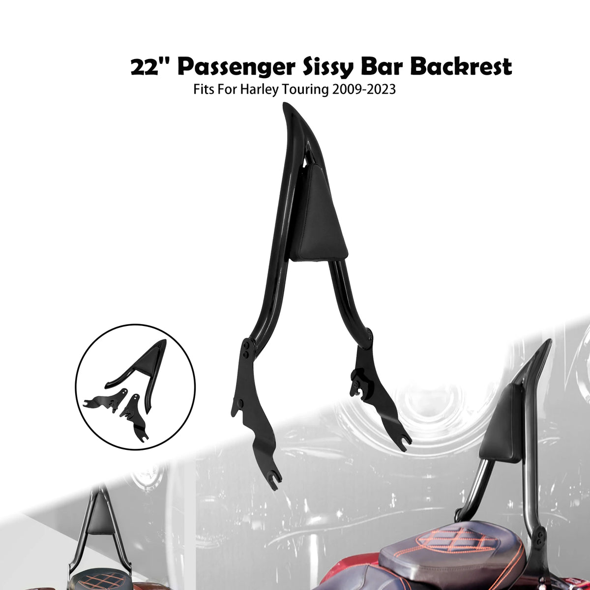 Dossier passager détachable 22 pouces (sissy bar) pour Harley-Davidson Touring FLHR, FLTRX, FLHX 2009-2023 – photo 1/6