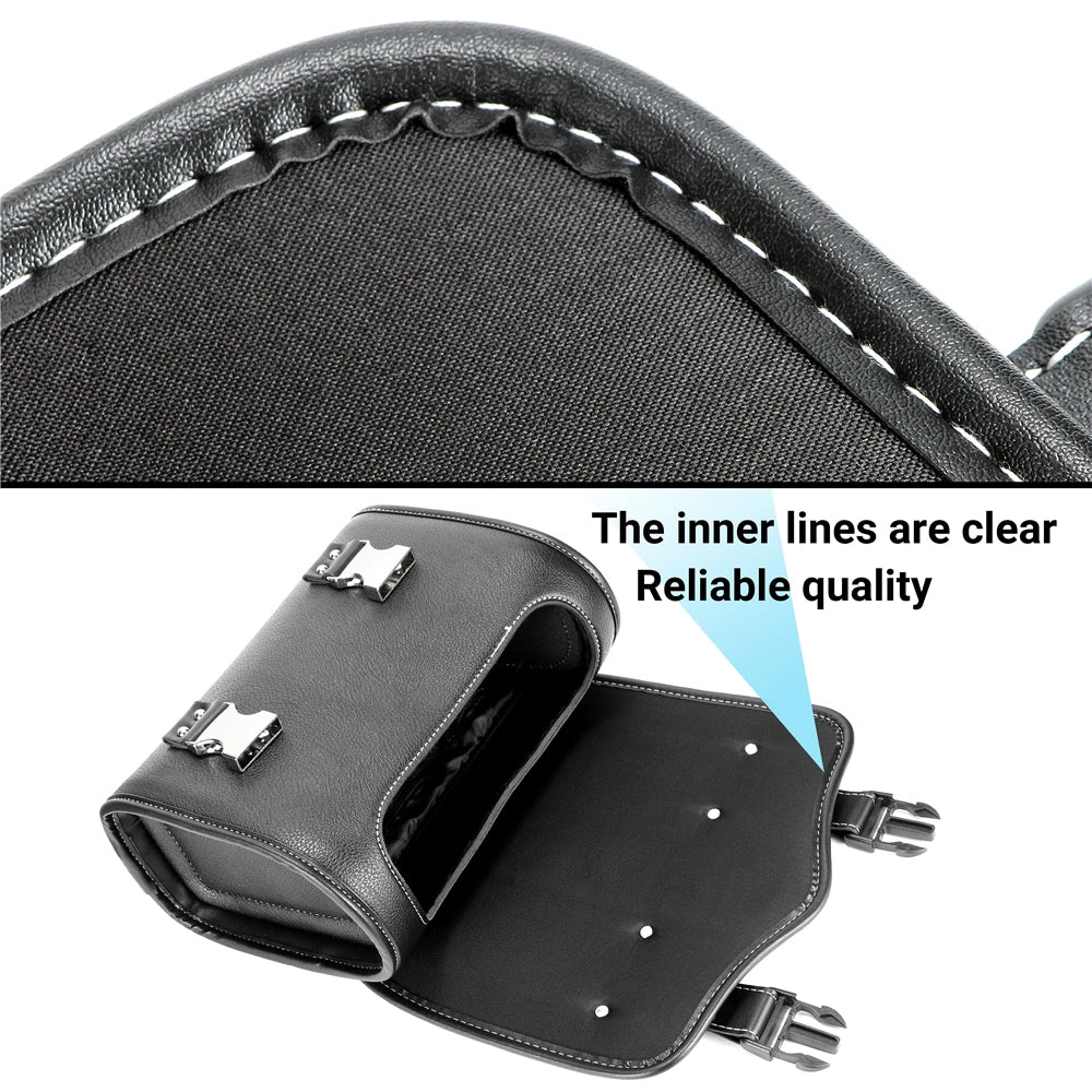 Sacoche en cuir noir fixée sur la fourche avant d'une moto - vue 3