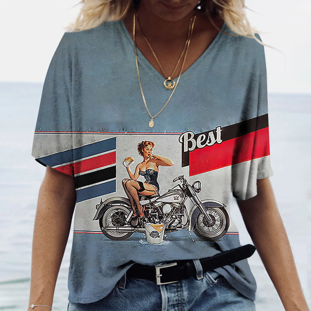 T-shirt Femme Col V Motif Route 66, Manches Courtes Oversize - vue 15