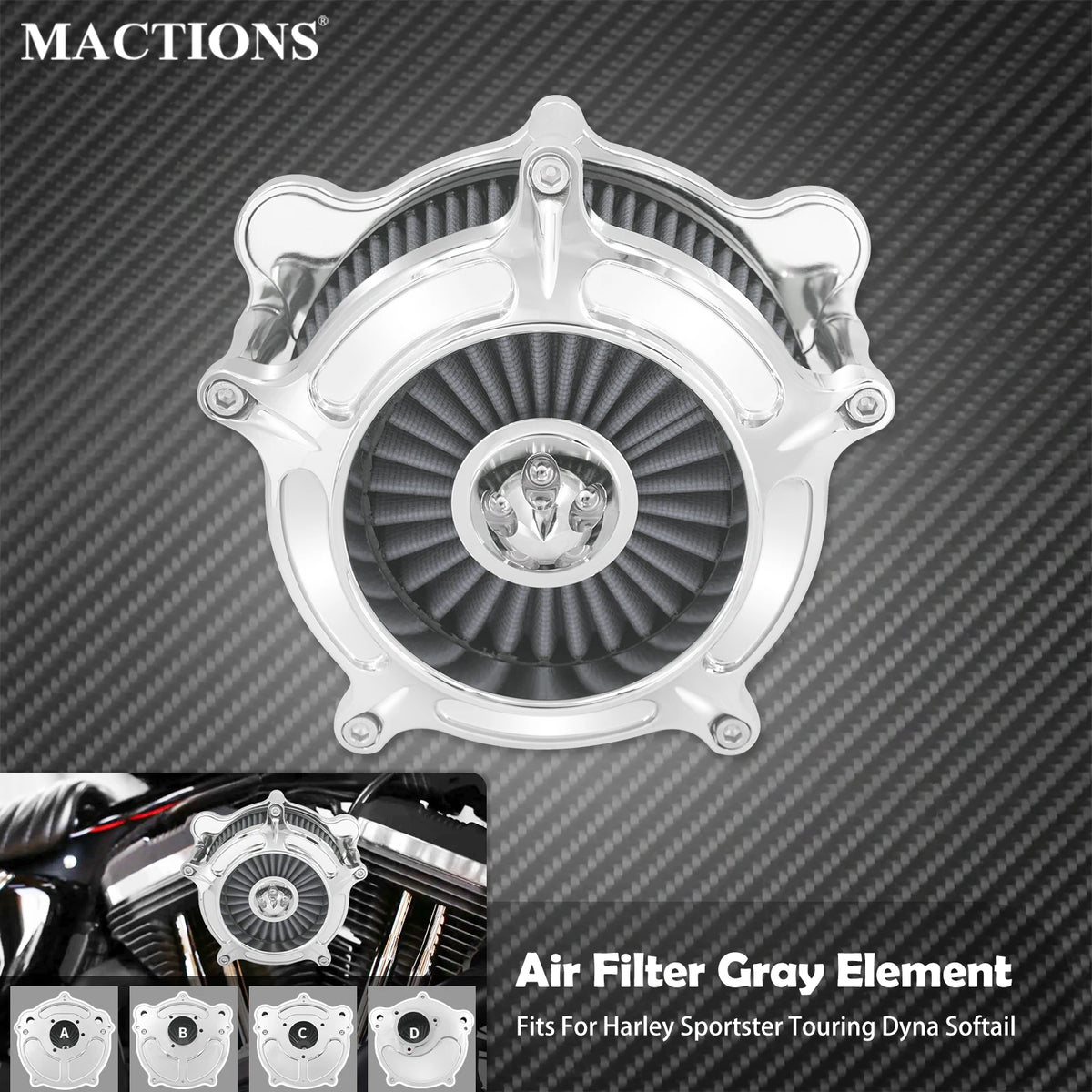 Filtre à air chromé élément gris - Harley Touring, Sportster XL, Dyna, Softail – photo 1/10