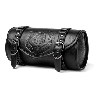 Sacoche de fourche noire en simili cuir fixée sur le guidon d'une moto - vue 5