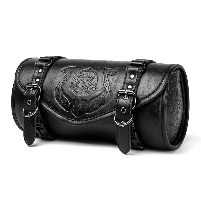 Sacoche de fourche noire en simili cuir fixée sur le guidon d'une moto - vue 5
