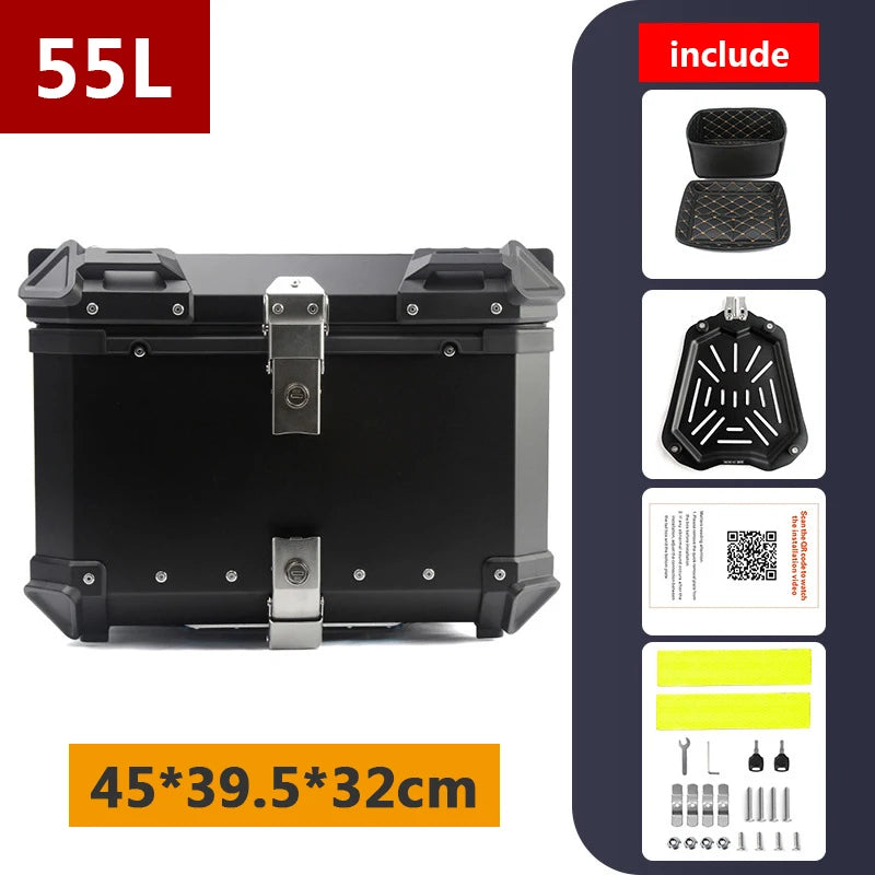 Top case moto en aluminium noir avec serrure, fixé sur un porte-bagages arrière - vue 12