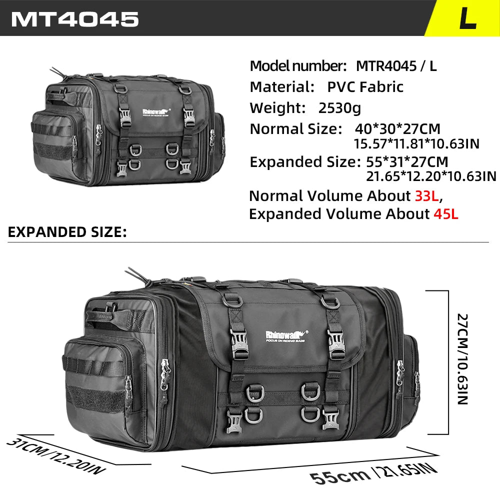 Sac de bagagerie moto Rhinowalk noir extensible, monté sur porte-bagages - vue 10