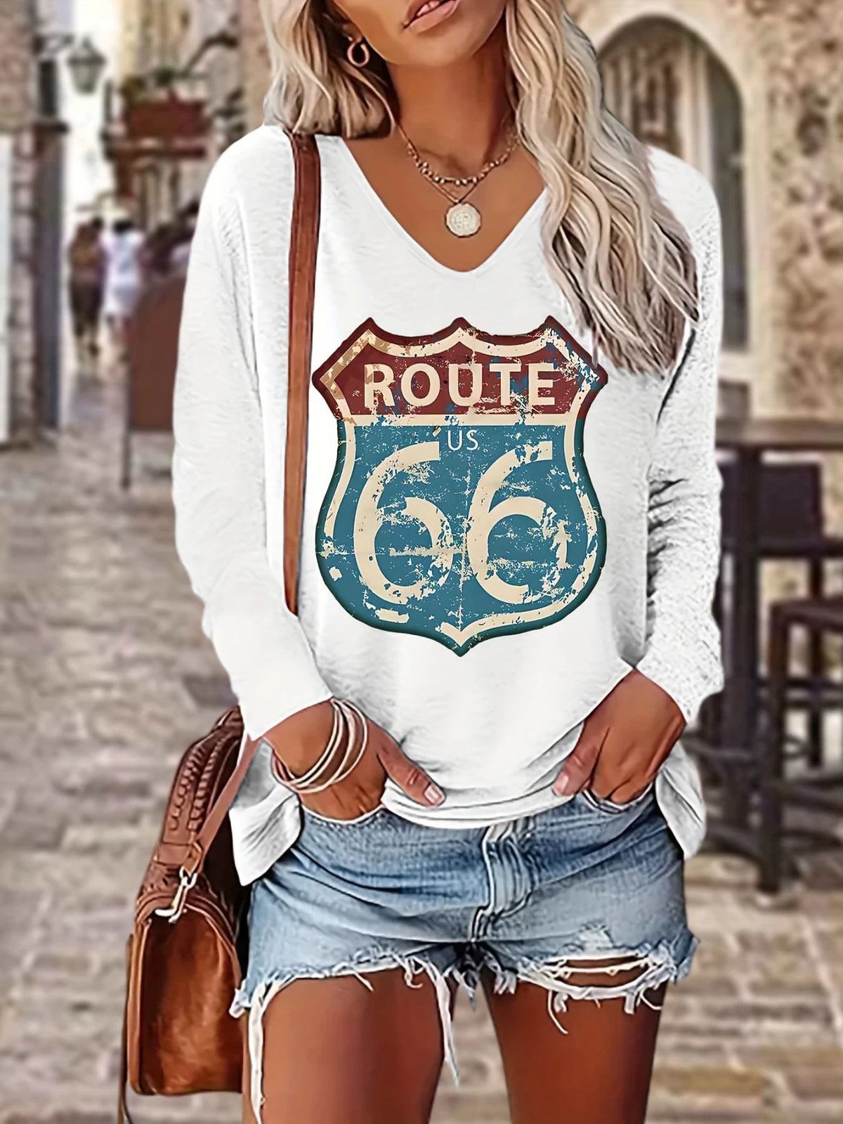 T-shirt femme col V manches longues Route 66 vintage - vue 1