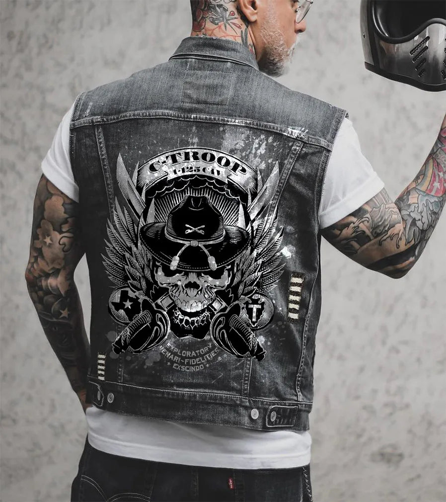 Gilet en jean homme imprimé aigle sans manches, vue de face - vue 8