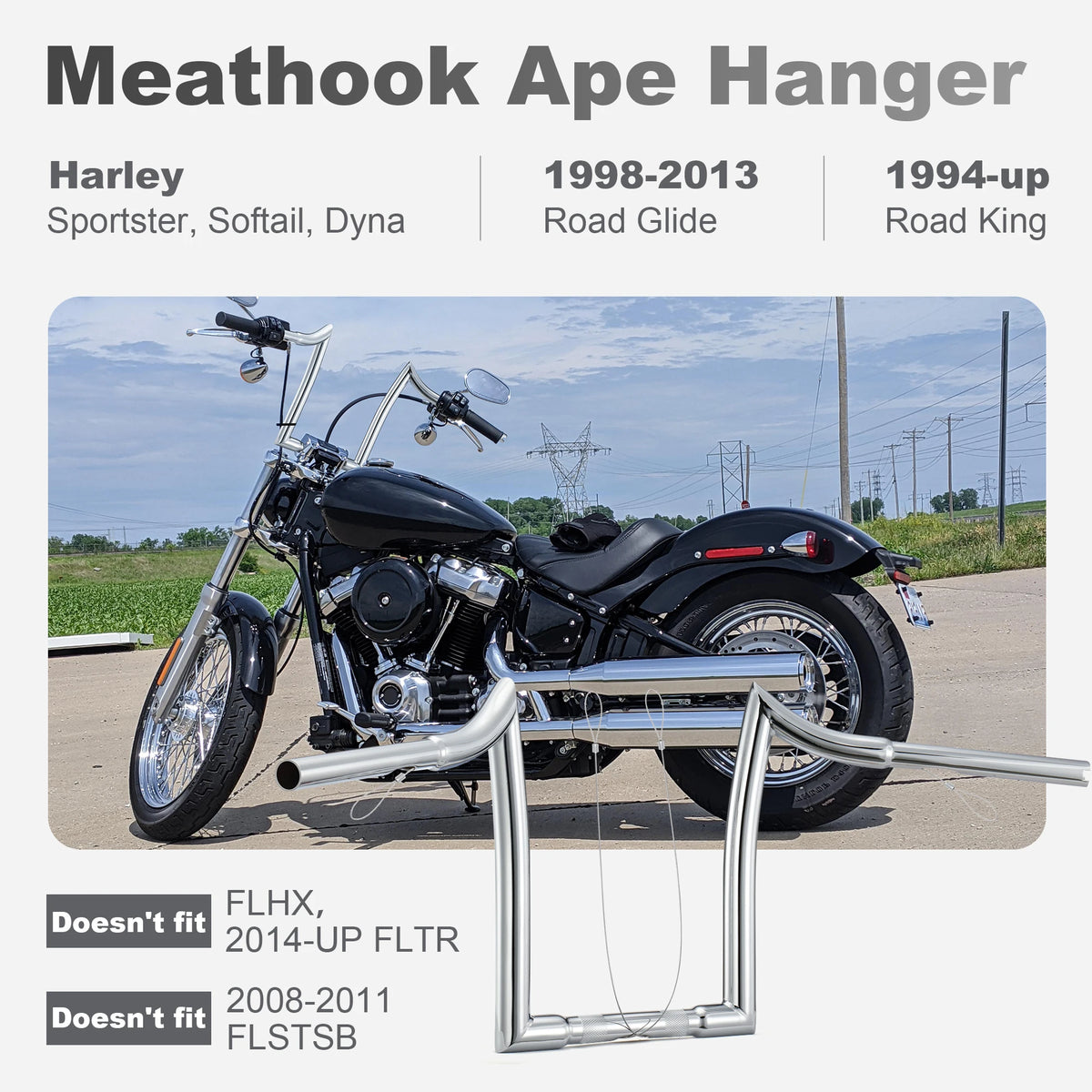Guidon Meathook 1,25 pouce, Rehausse 12 pouces - Harley-Davidson Sportster, Softail, Dyna, Road Glide et Road King – photo 2/9