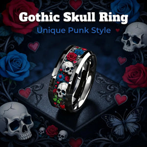 Bague en acier inoxydable tête de mort et rose - vue 2
