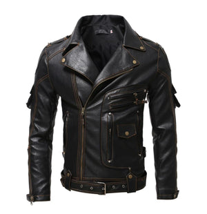 Blouson moto homme en cuir noir coupe slim - vue de face - vue 6