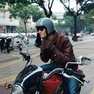 Casque moto jet rétro noir doublure cuir - vue de profil - vue 3
