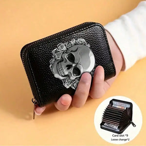 Portefeuille compact noir motif tête de mort floral - vue 2
