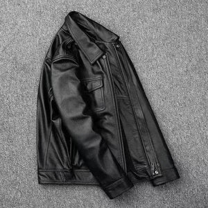 Veste moto homme en cuir véritable noir, vue de face - vue 3