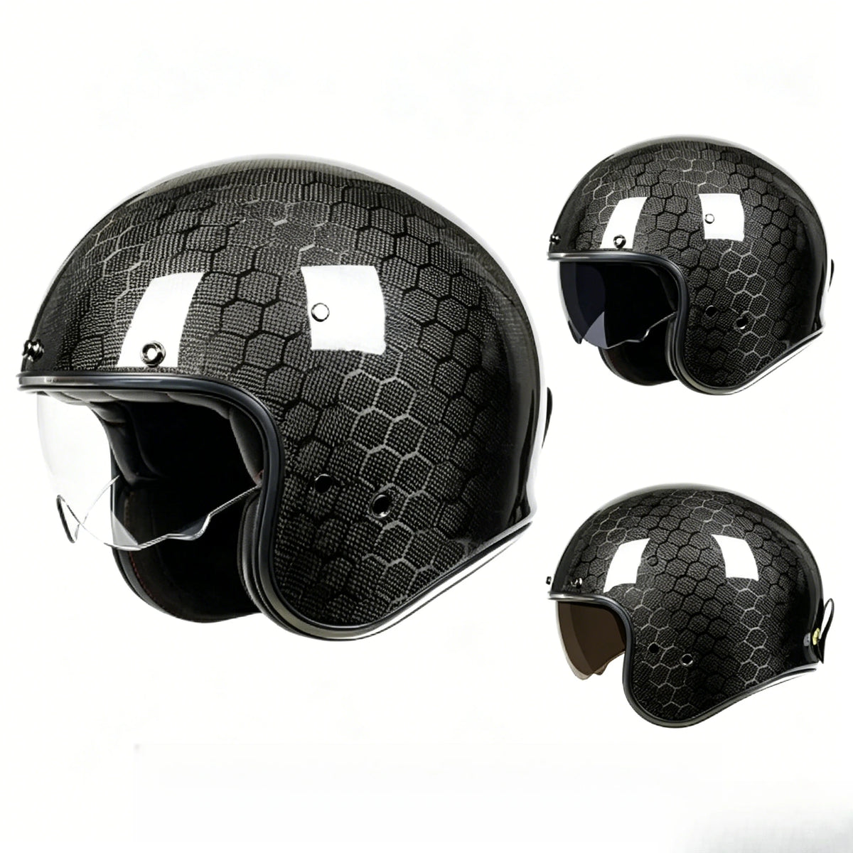 Casque moto rétro 3/4 noir avec écran intégré - vue de profil - vue 3