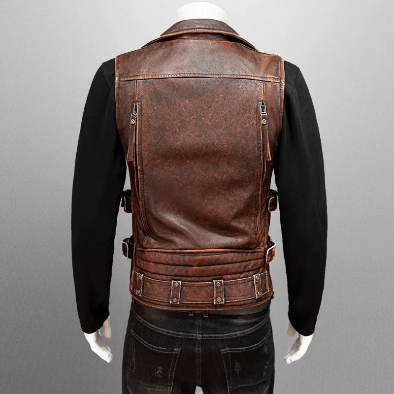 Gilet biker en cuir vintage brun-rouge - vue - vue 4