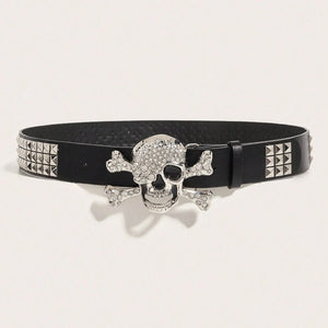 Ceinture cuir PU noire boucle crâne cloutée style motard - vue 2