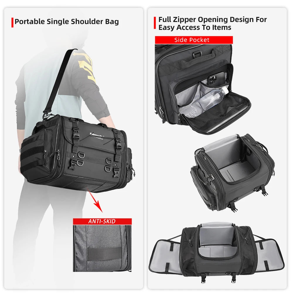Sac de selle arrière moto Rhinowalk noir, fermetures zippées latérales - vue 3