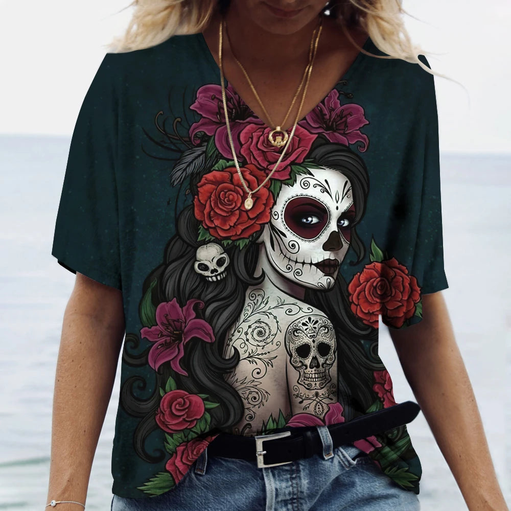 T-shirt femme tête de mort col V manches courtes - vue 17