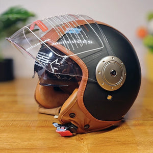 Casque jet moto rétro marron effet cuir - vue de trois quarts - vue 10