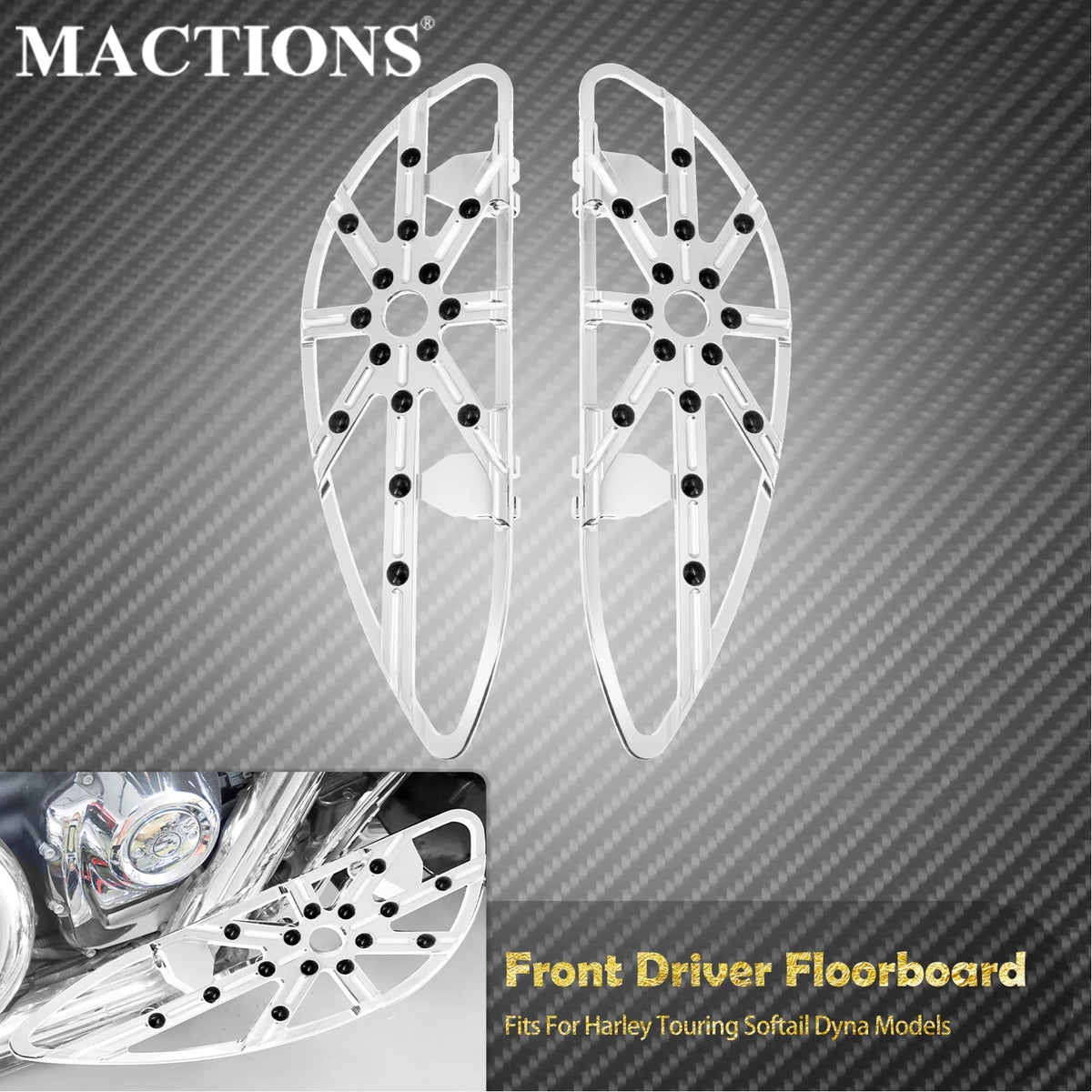 Marchepieds pilote CNC (floorboards) chromés - Harley Touring Road King, Electra Glide, Dyna, Softail FLHT – photo 1/6