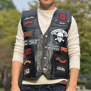 Gilet biker en cuir noir brodé de patchs - vue - vue 1