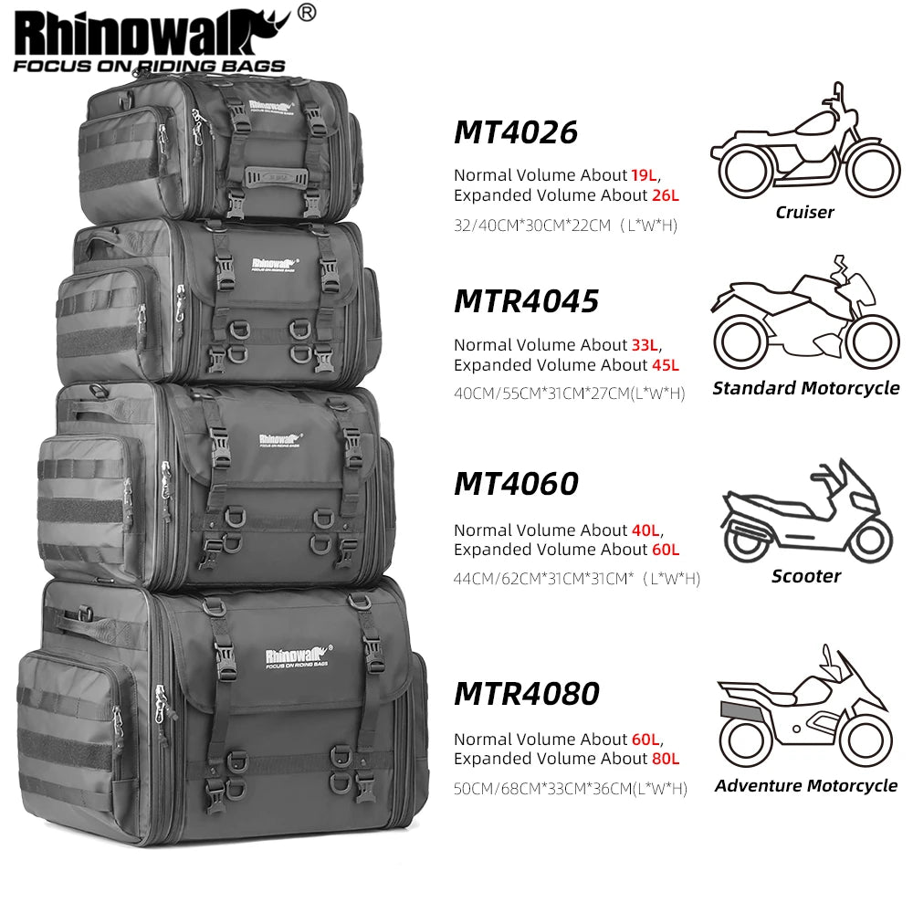Sac de bagagerie moto Rhinowalk noir extensible, monté sur porte-bagages - vue 1