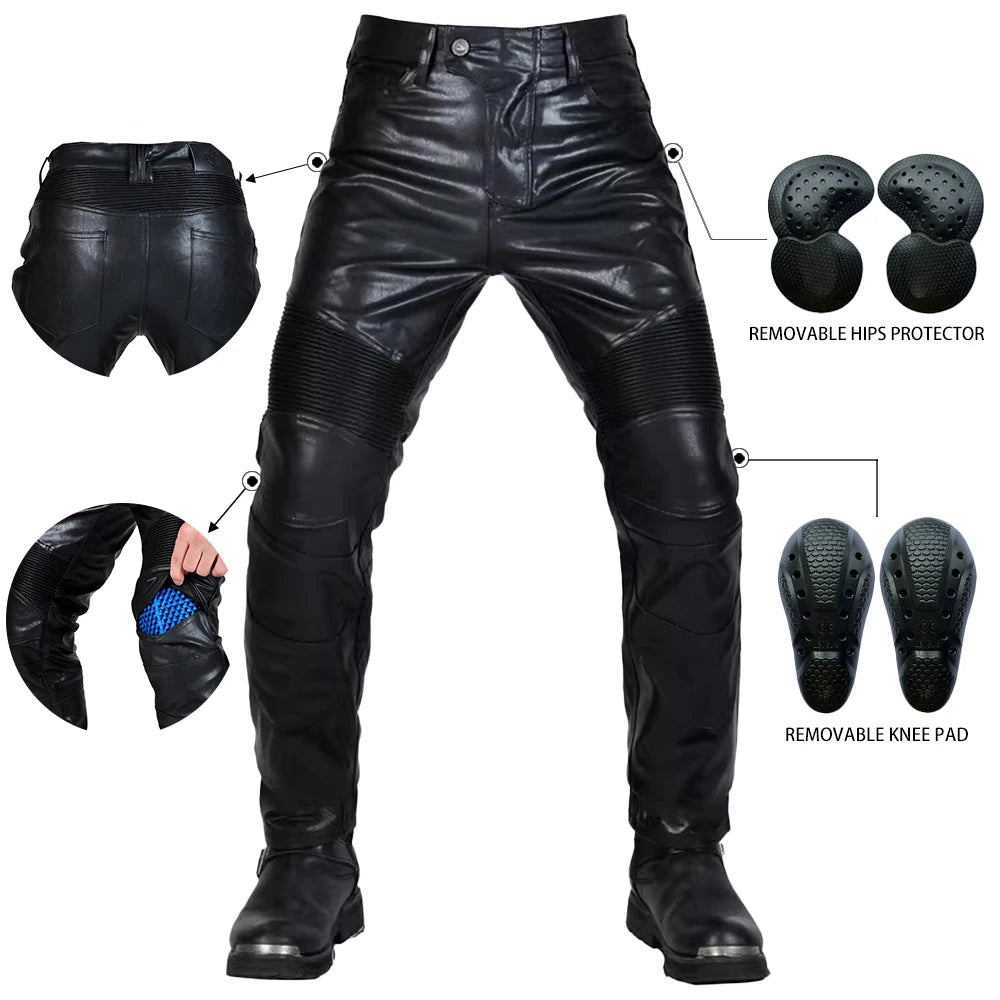 Pantalon Moto Cross Homme Cuir PU Protections CE Genoux Hanches - vue 1